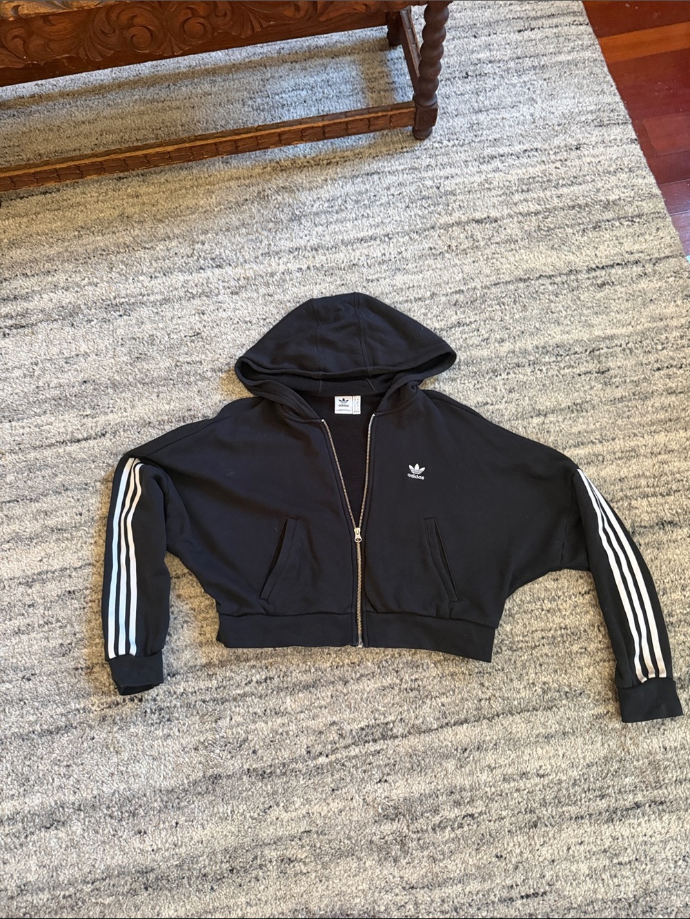 Adidas cropped jacket with hood. S. Preowned condition small blemishes in photo.